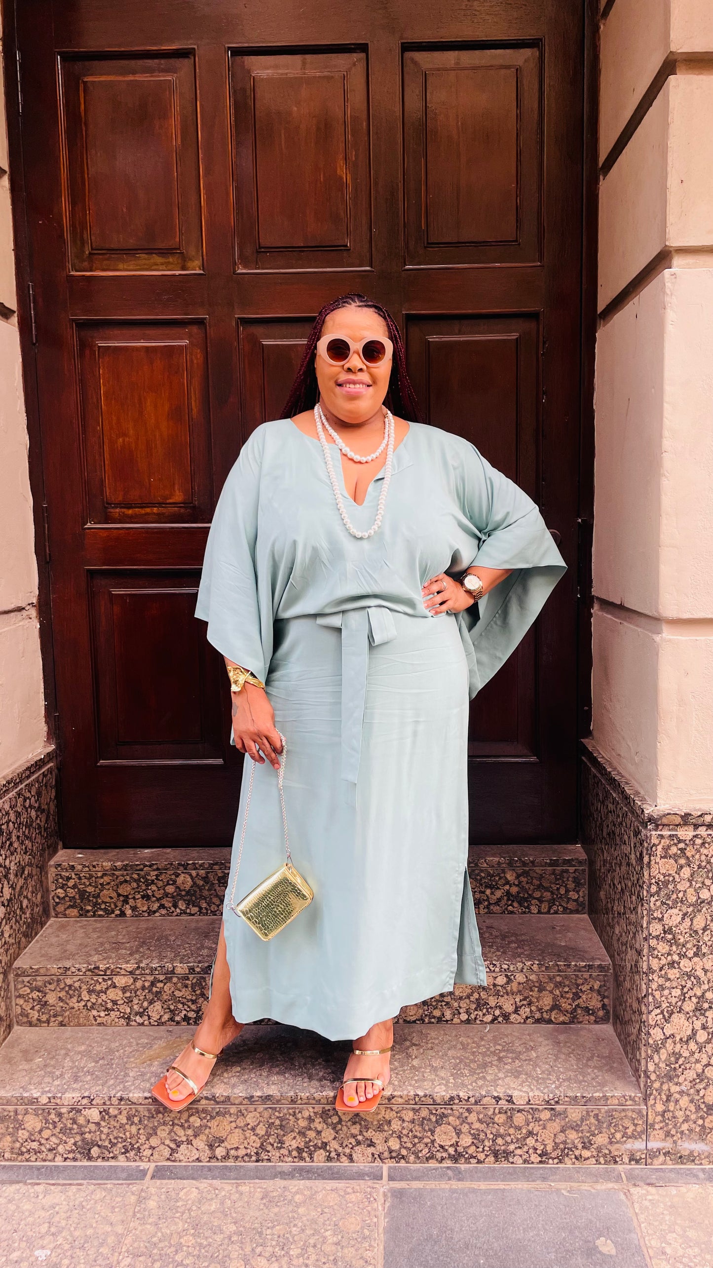 Nina's Aqua Luxe Cinched Kaftan