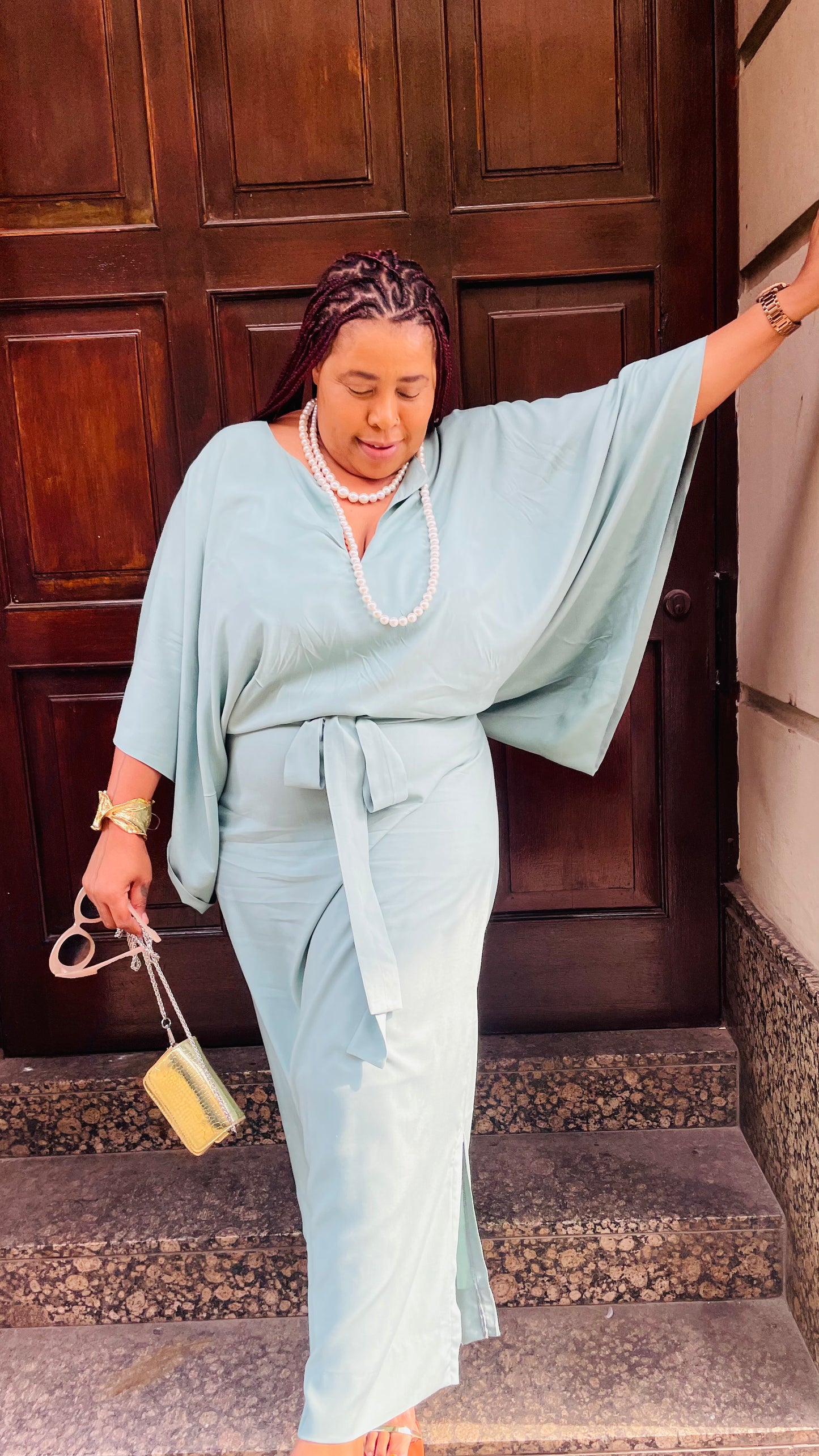 Nina's Aqua Luxe Cinched Kaftan