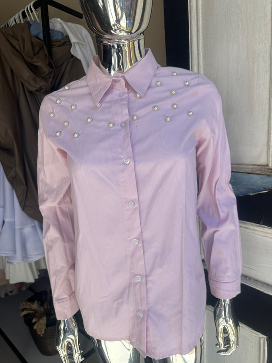 Nina Pearl-Embellished Cotton Shirt – Blush Pink
